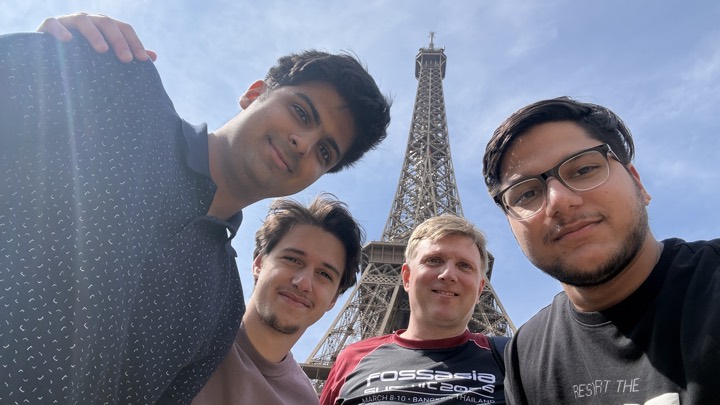 Arnav, Saksham, and Mario near the Eiffel Tower